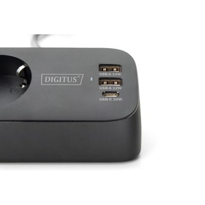 12. Digitus 3-Way Office Power Strip with 2 USB-A and 1 USB-C Ports, Black