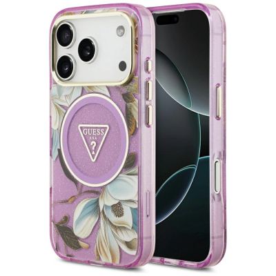 Guess IML Glitter Flowers Triangle MagSafe Case for iPhone 17 Pro / 18 Pro - Purple