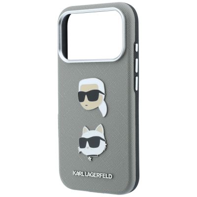 6. Karl Lagerfeld Saffiano Case with Karl & Choupette Heads Pins & Logo for iPhone 18 Pro / 17 Pro - Gray