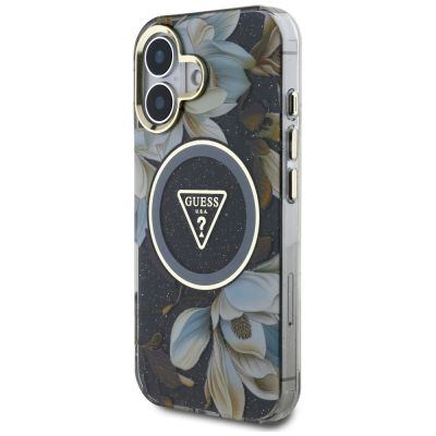 2. Guess Glitter Flowers Triangle Buttons MagSafe case for iPhone 16 black