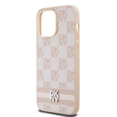9. DKNY Leather Checkered Mono Pattern & Printed Stripes case for iPhone 14 Pro Max - pink