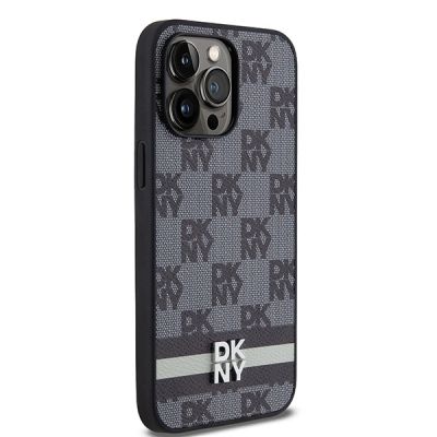4. DKNY Leather Checkered Mono Pattern & Printed Stripes Case for iPhone 14 Pro Max - Black