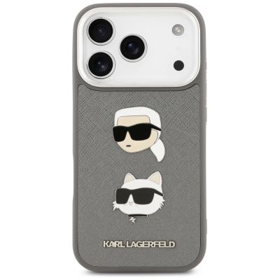 3. Karl Lagerfeld FW Grained Karl & Choupette Heads Pins & Logo iPhone 17 Pro Case - Gray