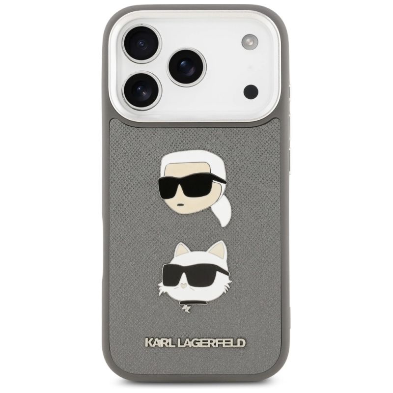 3. Karl Lagerfeld FW Grained Karl & Choupette Heads Pins & Logo iPhone 17 Pro Case - Gray