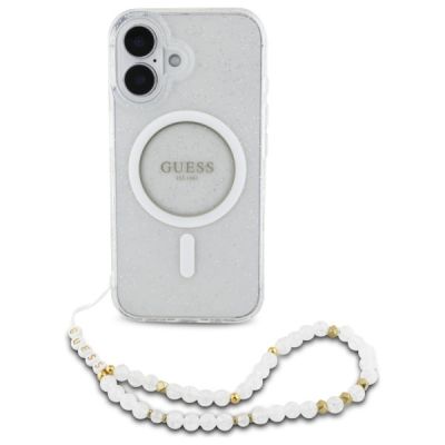 2. Guess IML Glitter With Pearl Strap MagSafe iPhone 16 Plus Case - Clear