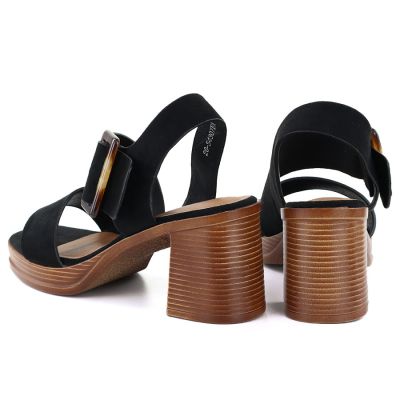 4. Women's suede sandals with a block heel, black, Potocki 54307