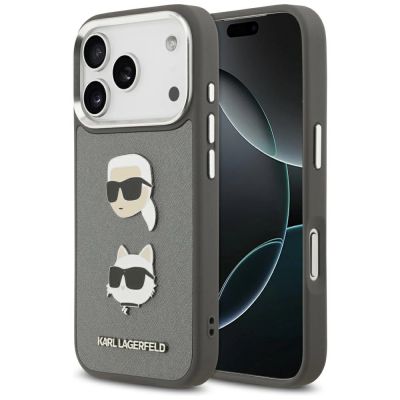 Karl Lagerfeld FW Grained Karl & Choupette Heads Pins & Logo iPhone 17 Pro Case - Gray