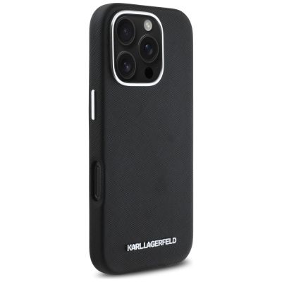 4. Karl Lagerfeld Saffiano Full Wrapped Elongated Metal Logo MagSafe Case for iPhone 16 Pro Max - Black