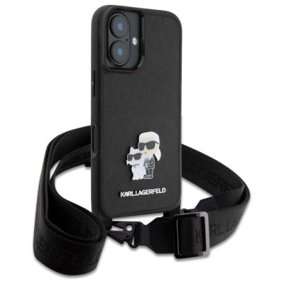 3. Karl Lagerfeld Saffiano Karl&Choupette Metal Pin CBDY Strap iPhone 16 Case - Black