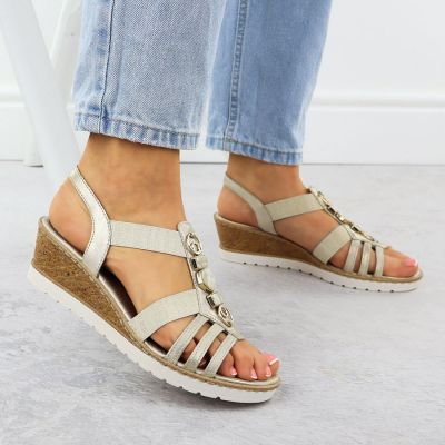 5. Women's wedge sandals with elastic bands, gold, Remonte R6264-91