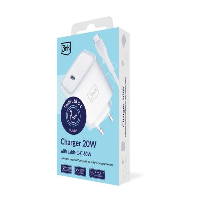 8. 3mk Rayo Charger 20W PD3.0 PPS USB-C Wall Charger + USB-C / USB-C 3A 60W Cable - White