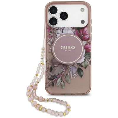 Guess IML Flowers Pearl Strap MagSafe Case for iPhone 18 Pro / 17 Pro – Pink