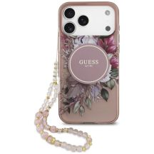 Guess IML Flowers Pearl Strap MagSafe Case for iPhone 18 Pro / 17 Pro – Pink