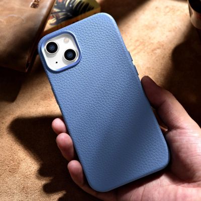 17. iCarer Litchi Premium Leather Case iPhone 14 Plus Magnetic Leather Case with MagSafe Light Blue (WMI14220711-LB)