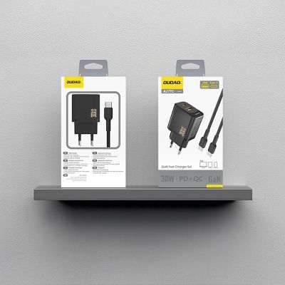 3. Dudao A27TCEU PD 30W GaN USB-A USB-C Wall Charger with USB-C Cable - Black