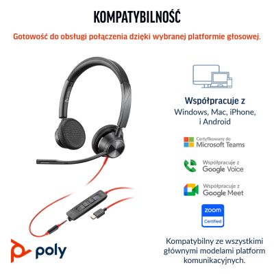 191. Poly Blackwire 3325 Stereo MS Teams Certified USB-C Headset +3.5mm Plug +USB-C/A Adapter 8X222AA