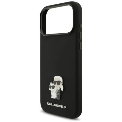 6. Karl Lagerfeld Silicone Karl&Choupette Metal Pin Case for iPhone 18 Pro Max / 17 Pro Max – Black