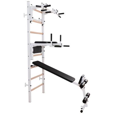 25. WOODEN AND METAL GYMNASTIC WALL BAR WITH BAR, BENCH AND ACCESSORIES BENCHK 233W