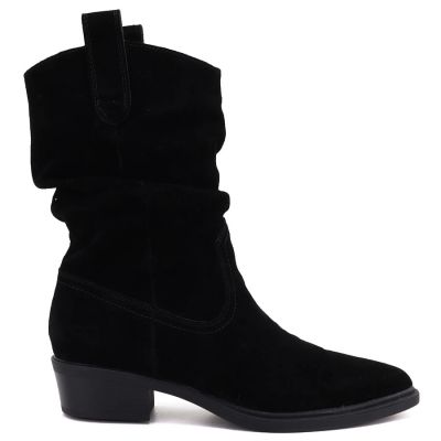 2. Black Ruched Leather Cowboy Ankle Boots for Women Sergio Leone BT-16-S