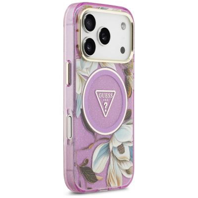 4. Guess IML Glitter Flowers Triangle MagSafe Case for iPhone 17 Pro / 18 Pro - Purple