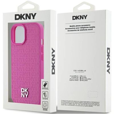 8. DKNY Leather Pattern Metal Logo MagSafe Case for iPhone 15 / 14 / 13 - Pink