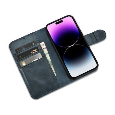 9. iCarer Oil Wax Wallet Case 2in1 Cover iPhone 14 Pro Anti-RFID Leather Flip Case Blue (WMI14220722-BU)