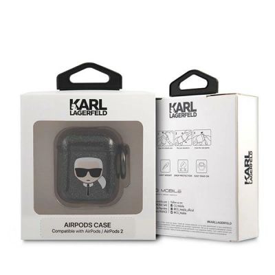3. Karl Lagerfeld Glitter Karl's Head Case for AirPods 1/2 - Black