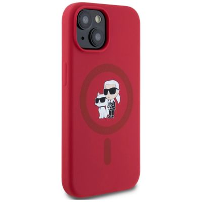 4. Karl Lagerfeld Silicone Karl&Choupette Heads Ring MagSafe iPhone 15 Case - Red