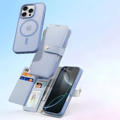 3. Dux Ducis Lawa Leather Case for iPhone 16 Pro Max with Detachable Magnetic Wallet - Blue