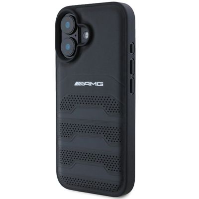 2. AMG Leather Debossed Lines Black Logo iPhone 16 Case - Black