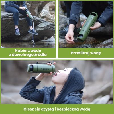 12. Extralink PURISOO+ BOTTLE WITH FILTER SYSTEM WITH PUMP 400ML UF + ACF FILTER Water filter bottle 0.4 l Green, Olive