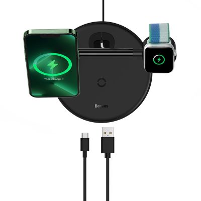 7. Baseus Swan inductive charger (MagSafe compatible) stand for iPhone, Apple Watch, AirPods + USB-C cable 1m black (WXTE000101)