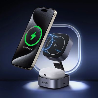 5. Ugreen W702 3in1 inductive charger with MagSafe / Qi2 and USB-C port for phone / headphones - black