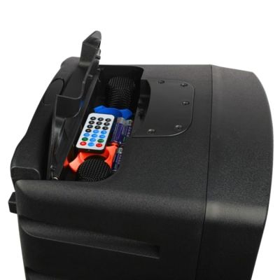 2. V-TONE BQ12 GO MP3 - Active speaker, rechargeable, black, Bluetooth, TWS, USB, SD, DSP, AUX, infrared remote control, 2x wireless microphones, extendable handle, transport wheels set