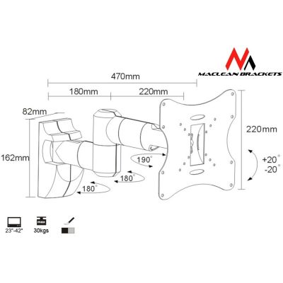 3. Maclean MC-503S Monitor Wall Mount (Swivel, Wall, Tilt; 23" - 42"; Max. 30kg)