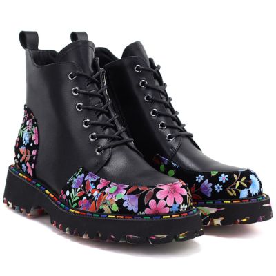4. Women's leather combat boots with floral pattern, black Artiker 57C0180