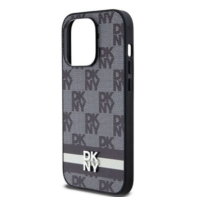 6. DKNY Leather Checkered Mono Pattern & Printed Stripes iPhone 14 Pro Case - Black