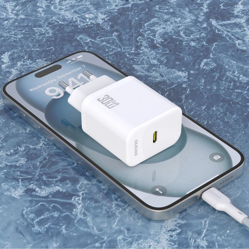 7. Dudao A27PCEU PD 30W GaN USB-C Wall Charger with USB-C Cable - White