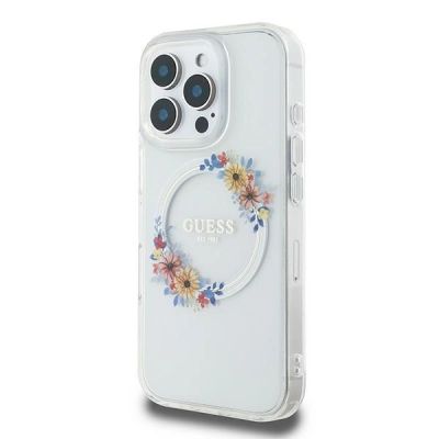2. Guess IML Flowers Wreath MagSafe Case for iPhone 16 Pro - Clear