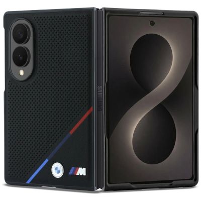 BMW M Leather Perforated Tricolor Stripe Metal Logos MagSafe Case for Samsung Galaxy Z Fold 8 - Black