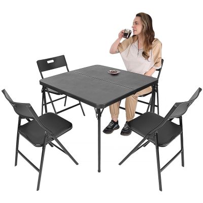 9. TOURIST CATERING SET FOLDING TABLE 86.5x86.5x71CM AND 4 BLACK CHAIRS