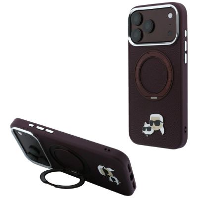 Karl Lagerfeld with Ring Stand 360 Karl & Choupette Heads Pin MagSafe case for iPhone 18 Pro / 17 Pro - burgundy