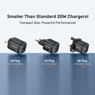 8. UNITEK 2X GAN WALL CHARGER USB-C & USB-A 20W BLACK
