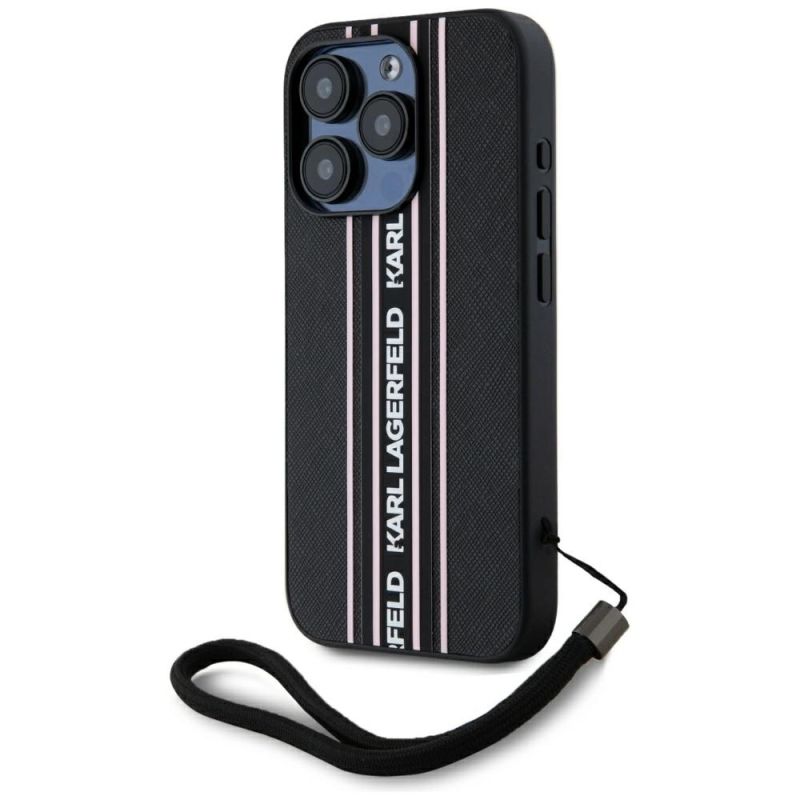2. Karl Lagerfeld Saffiano Athleisure Stripes Cord iPhone 15 Pro Max Case - Pink