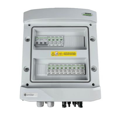 DCAC hermetic IP65 EMITER connection box with Noark 1000V DC surge arrester type 2, 3 x PV string, 3 x MPPT // Noark AC limiter type 2, 63A 3-F