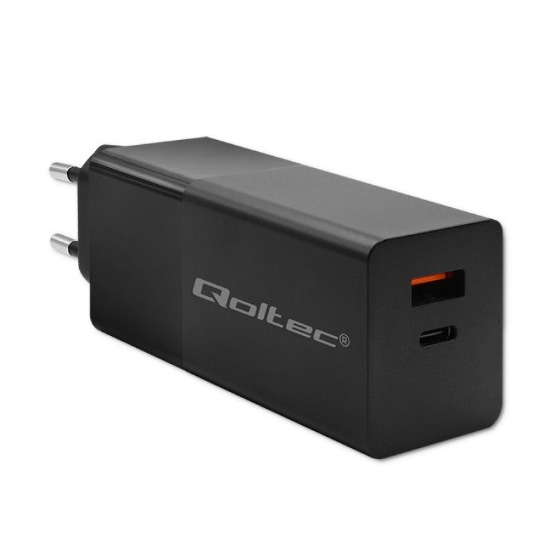 6. QOLTEC GAN POWER PRO CHARGER | 1XUSB-C | 1XUSB | 100W | 5-20V | 1.5-5A | PD | BLACK