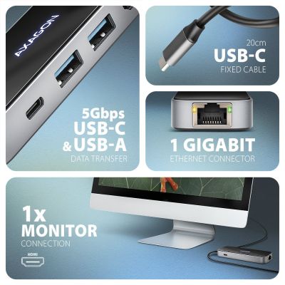 5. AXAGON HMC-6GLN USB Hub, 2x USB-A, 1x USB-C, 1x HDMI 2.0, 1x RJ45, 100 W PD – silver