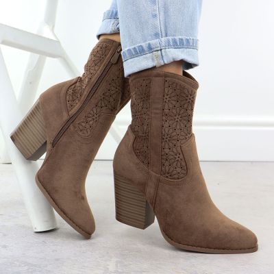 5. Women's openwork cowboy boots, suede, brown, S.Barski HY52-514