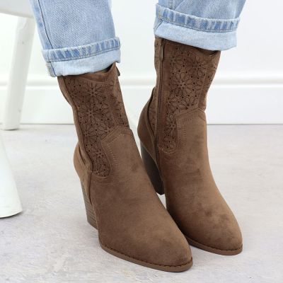 7. Women's openwork cowboy boots, suede, brown, S.Barski HY52-514