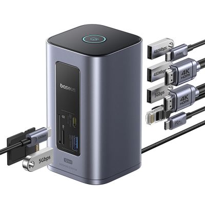 4. Baseus NU1 Air Spacemate hub 12in1 USB-C docking station - 2xHDMI 4K@60Hz 2xUSB-C 10Gb/s 2xUSB-A 5Gb/s 2xUSB-A (480Mb/s) RJ45 SD/microSD 3.0 USB-C (PD) - gray